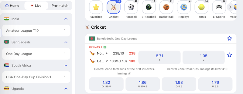 Cricket betting at Glory Casino